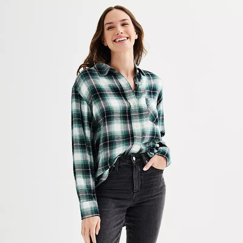 Petite Sonoma Goods For Life® Oversized Boyfriend Flannel, Women's, Size: Large Petite, Dark Purple Plaid Product Image