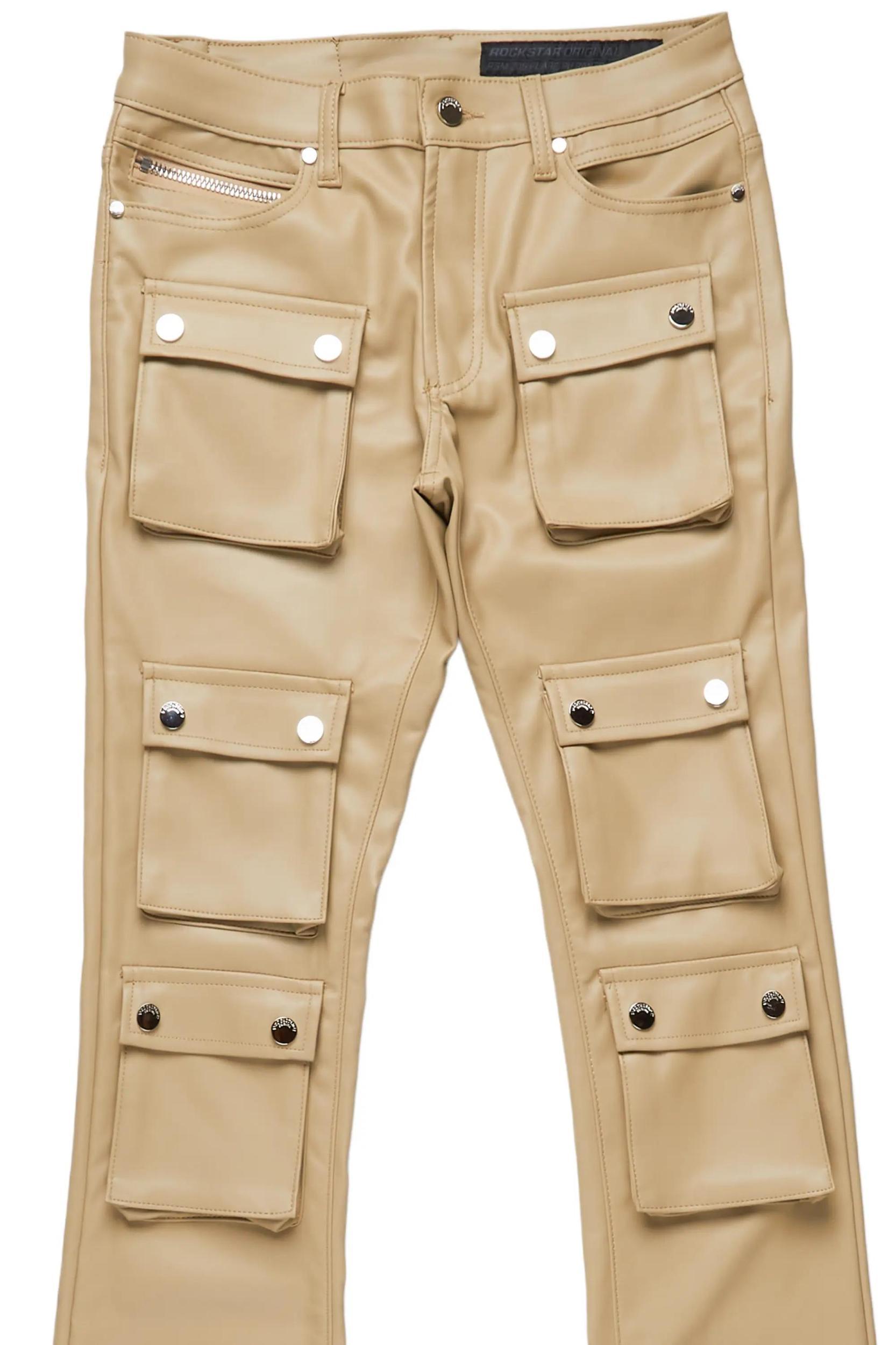 Remi Beige Faux Leather Stacked Flare Jean Male Product Image