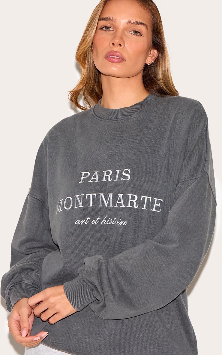 Charcoal Washed Paris Montmarte Print Oversized Sweatshirt Product Image