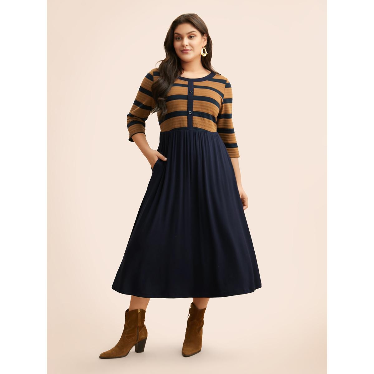 Plus Size Striped Contrast Elastic Waist Dress Yellowishbrown Women Casual Contrast Round Neck Elbow-length sleeve Curvy BloomChic 14-16/1X Product Image