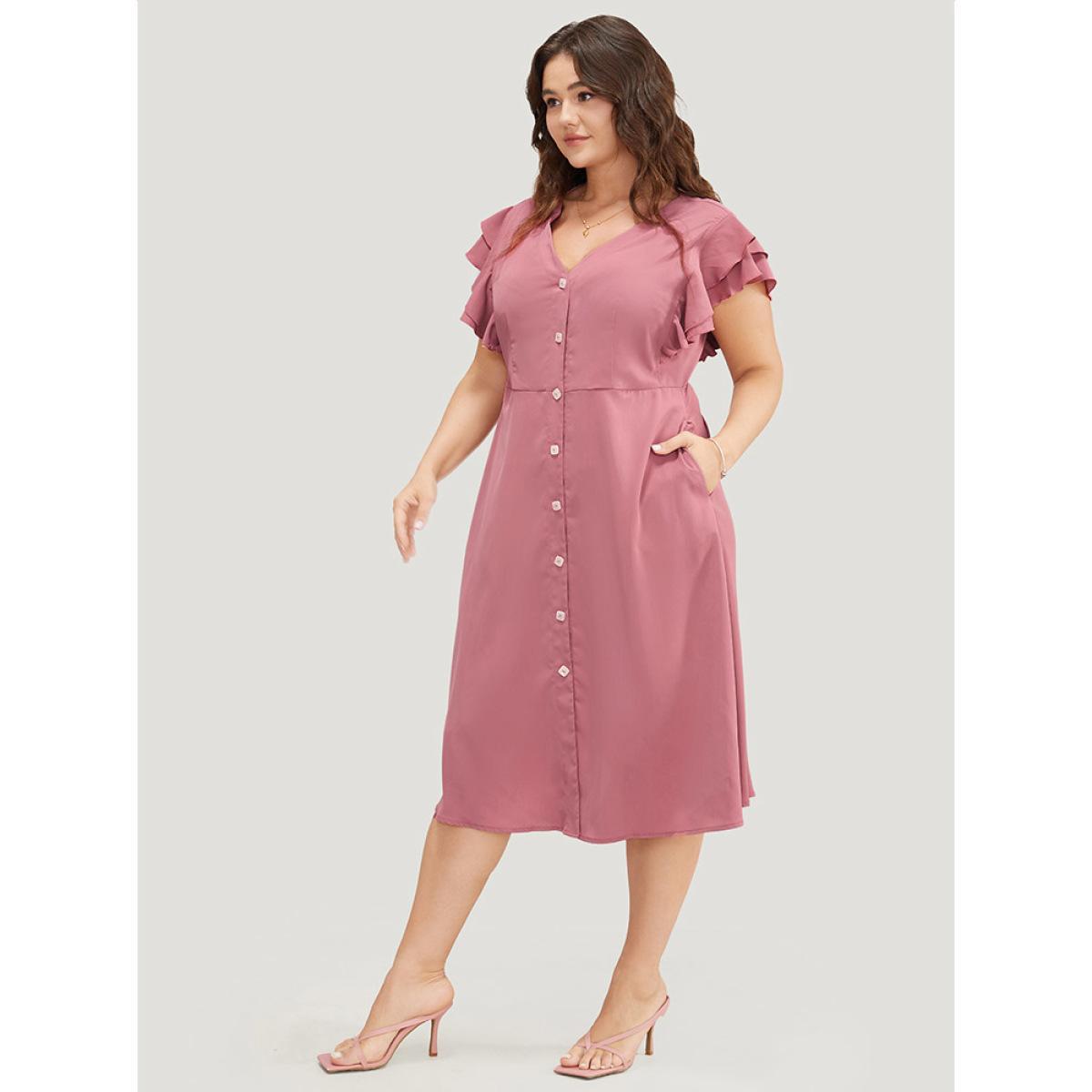 Plus Size Plain Ruffle Sleeve Pocket Tiered Button Up Dress Rouge Women Elegant Button V-neck Short sleeve Curvy Midi Dress BloomChic 12/L Product Image