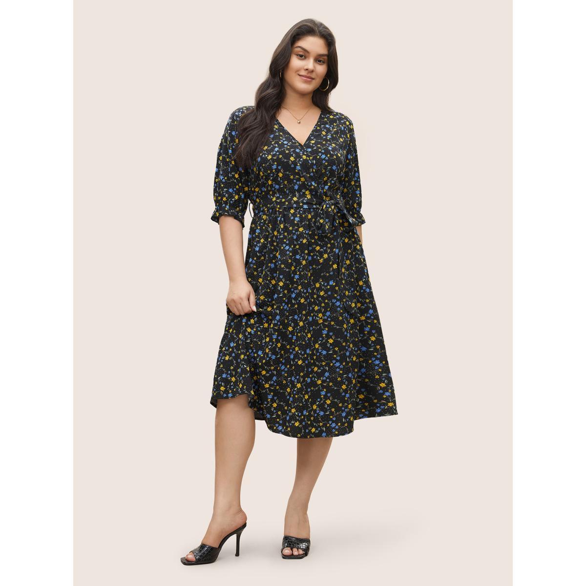Plus Size Ditsy Floral Ruffle Half Sleeve Belted Dress Black Women Elegant Non Overlap Collar Half Sleeve Curvy Midi Dress BloomChic 18-20/2X Product Image