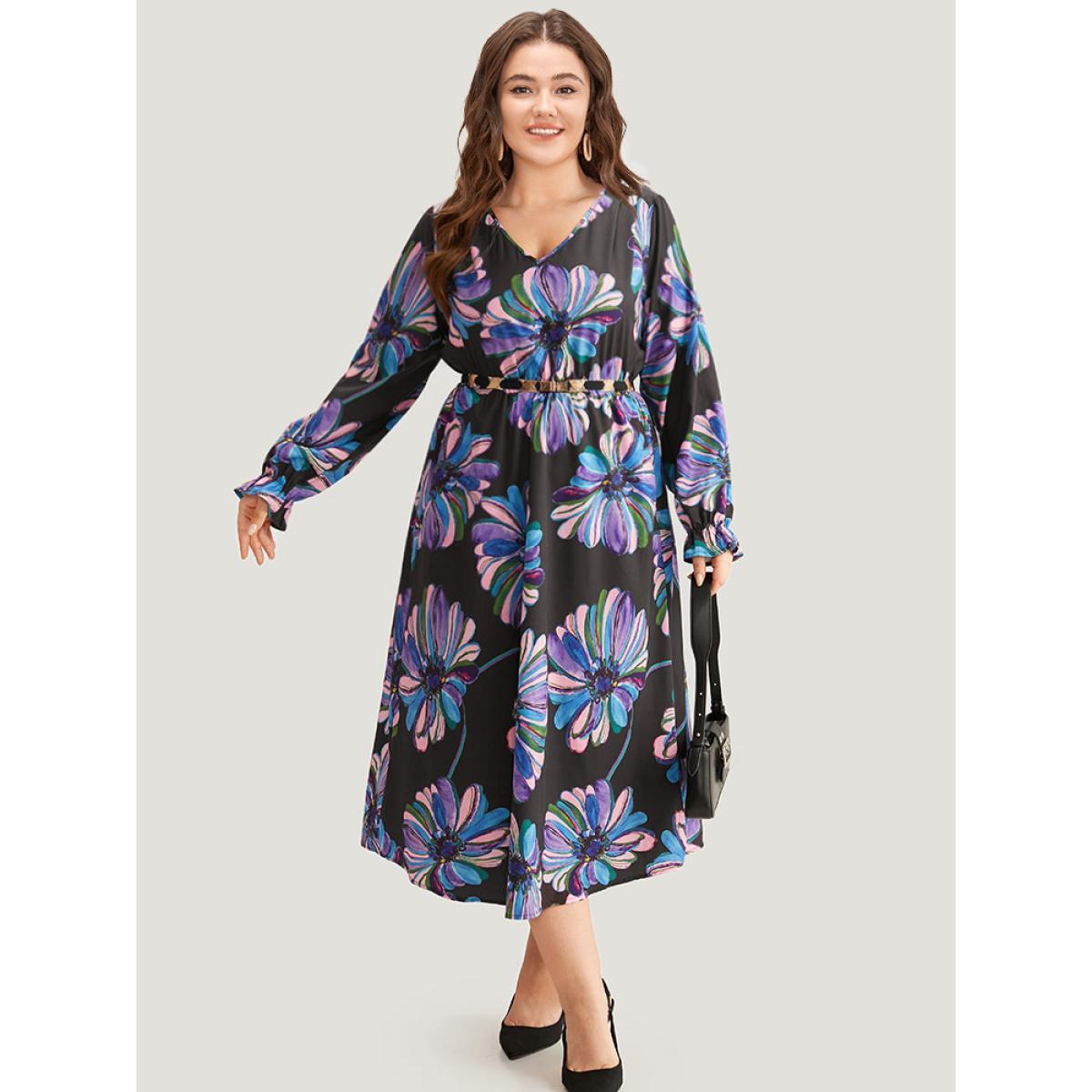 Plus Size Floral Print Flutter Trim Dress Black Women Office Printed V-neck Long Sleeve Curvy Midi Dress BloomChic 30/6X Product Image