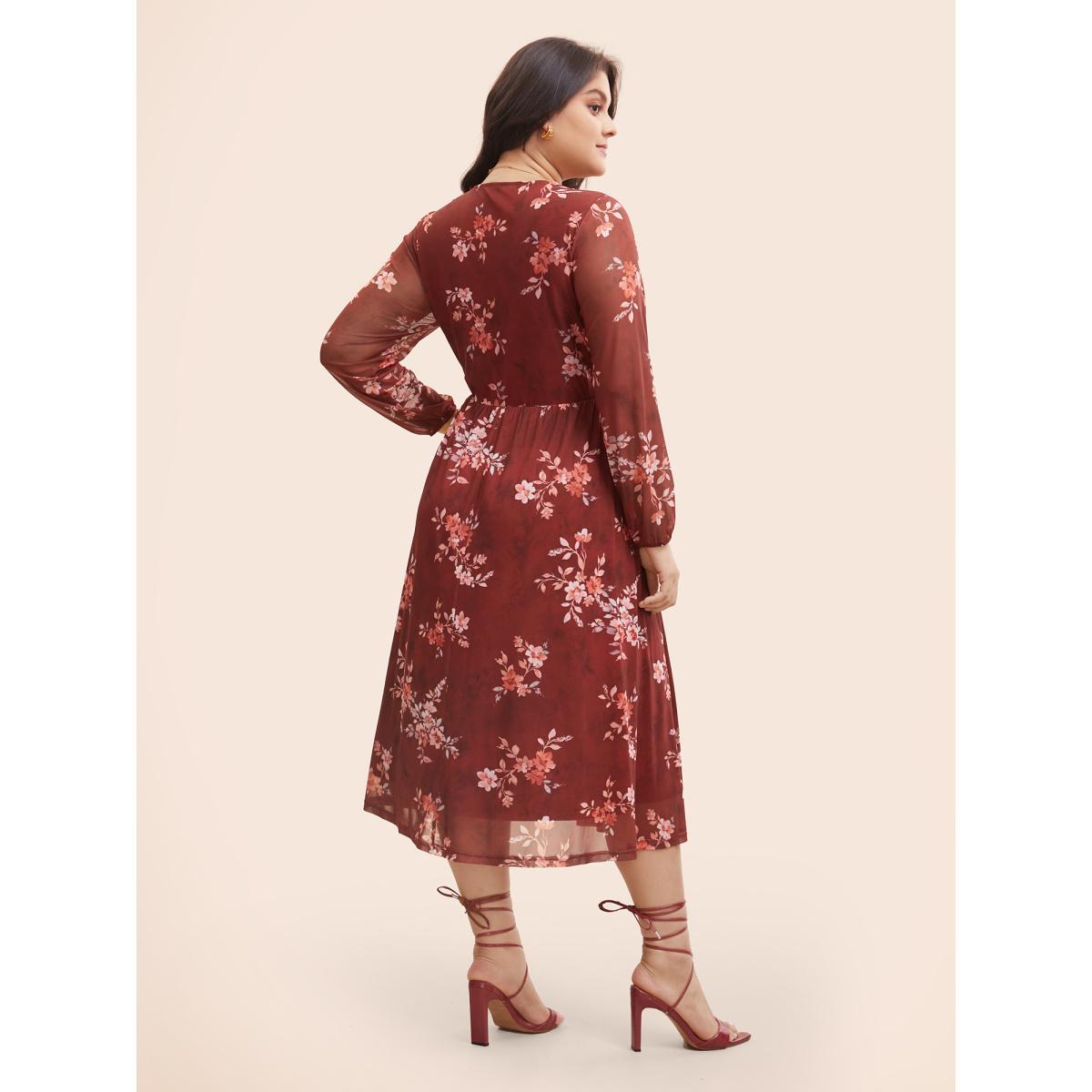 Plus Size Floral See Through Gathered Dress Burgundy Women Elegant Gathered V-neck Long Sleeve Curvy BloomChic 14-16/1X Product Image