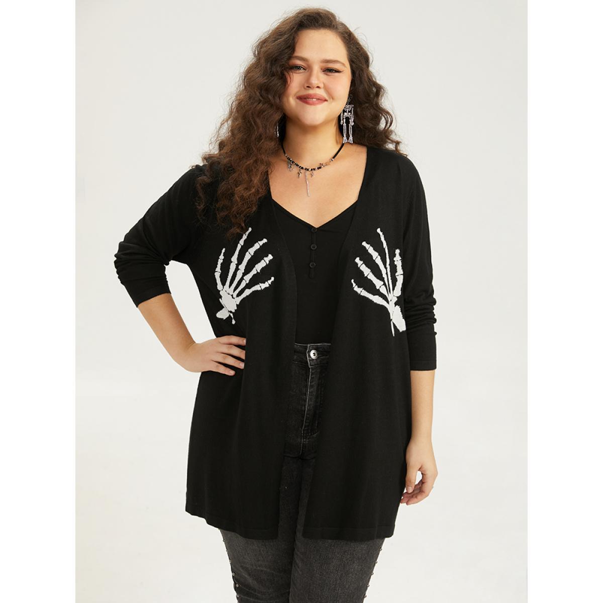 Plus Size Supersoft Essentials Halloween Skull Print Open Front Cardigan Black Women Casual Long Sleeve Festival-Halloween Cardigans BloomChic 14-16/1X Product Image