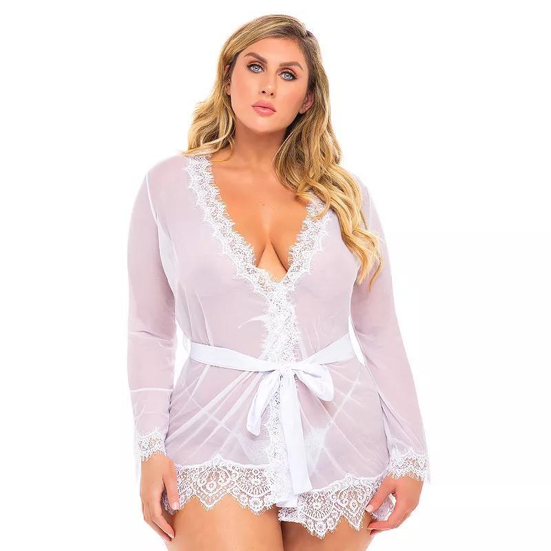 Plus Size Oh La La Cheri Provence Eyelash Lace Robe & G-String Set 94-11136X, Women's, Size: 3XL-4XL, White Product Image