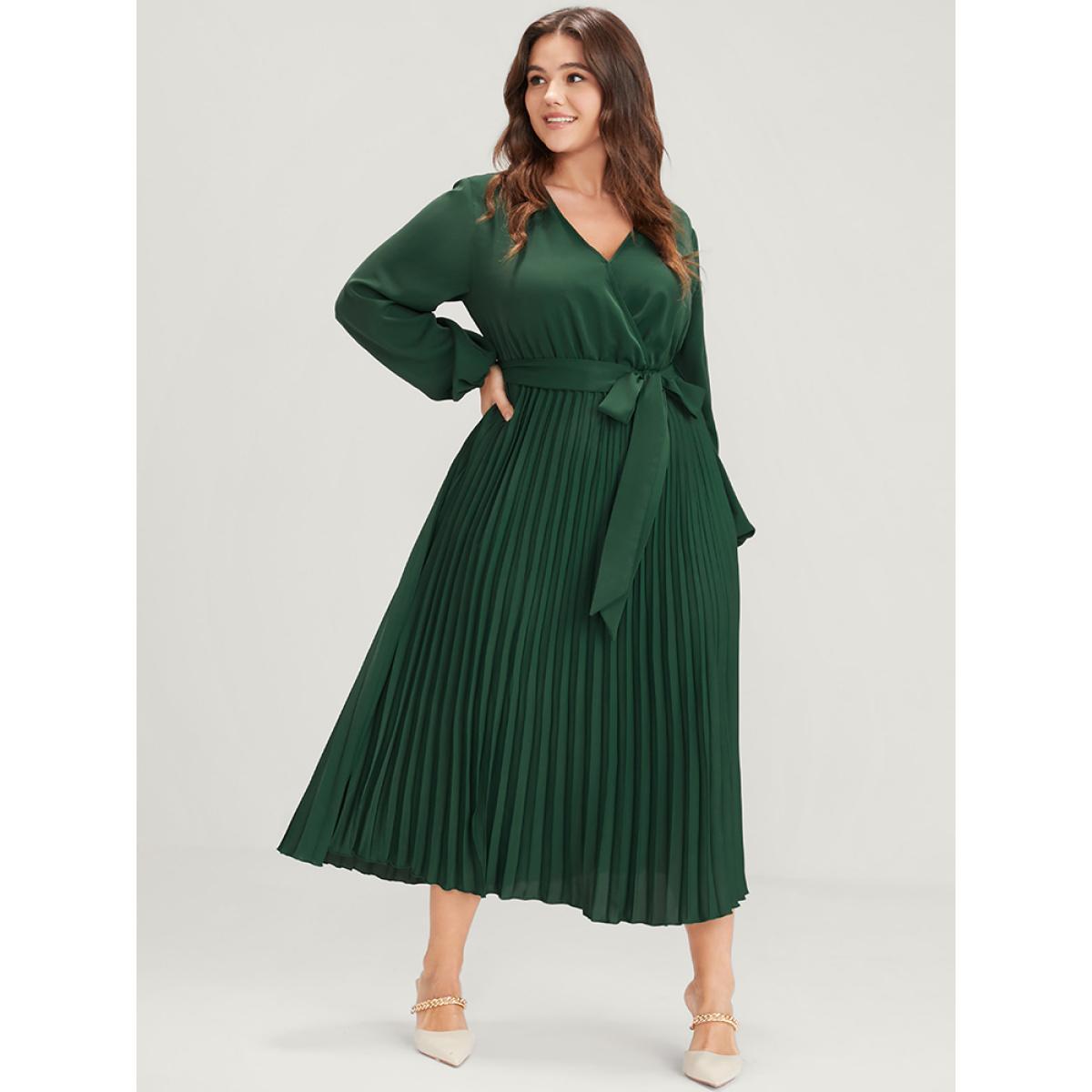 Plus Size Solid Lantern Sleeve Belted Pleated Wrap Dress DarkGreen Women Elegant Plain V-neck Long Sleeve Curvy Midi Dress BloomChic 18-20/2X Product Image