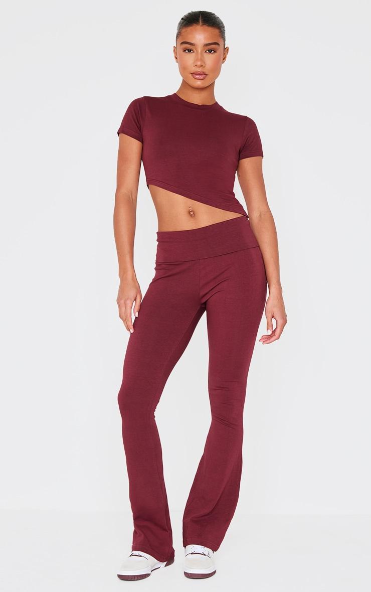 Burgundy Short Sleeve Asymmetrical Crop Top Product Image