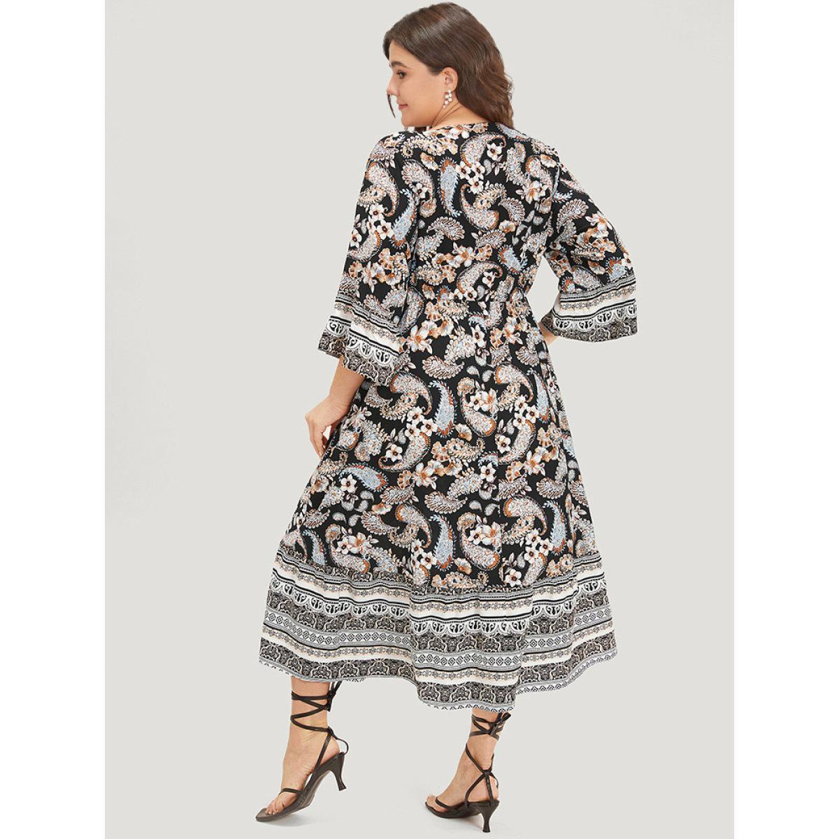 Plus Size Floral & Paisley Print Elastic Waist Button Detail Dress Black Women Vacation Printed V-neck Elbow-length sleeve Curvy Midi Dress BloomChic 14-16/1X Product Image