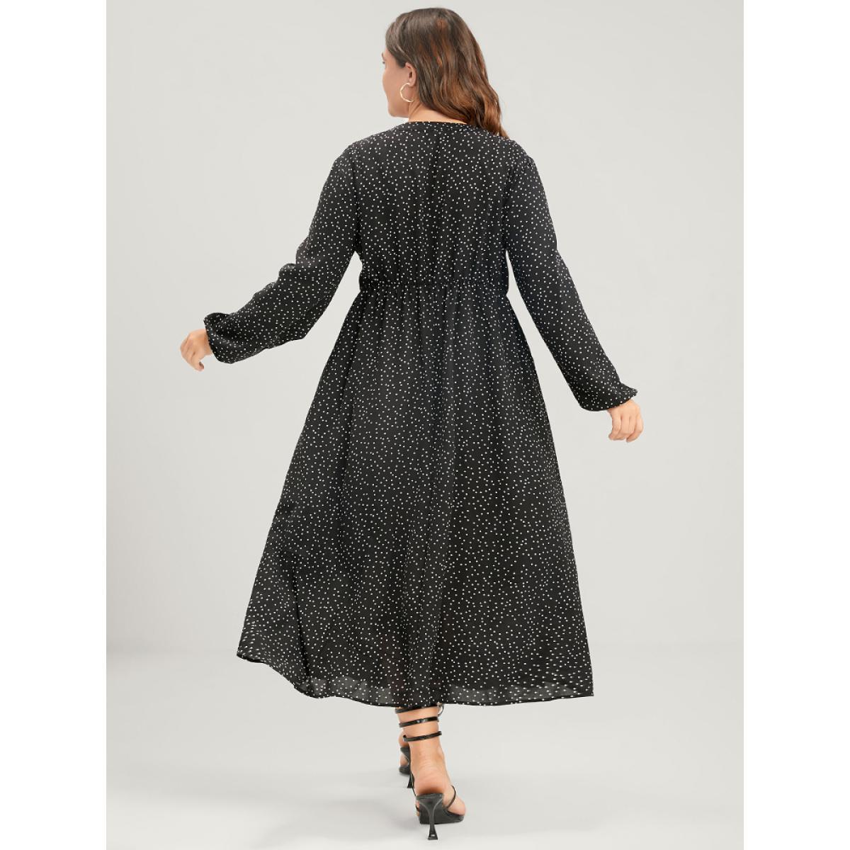 Plus Size Polka Dot Lantern Sleeve Pocket Embroidered Detail Dress Black Women Vacation Embroidered V-neck Long Sleeve Curvy Midi Dress BloomChic 14-16/1X Product Image