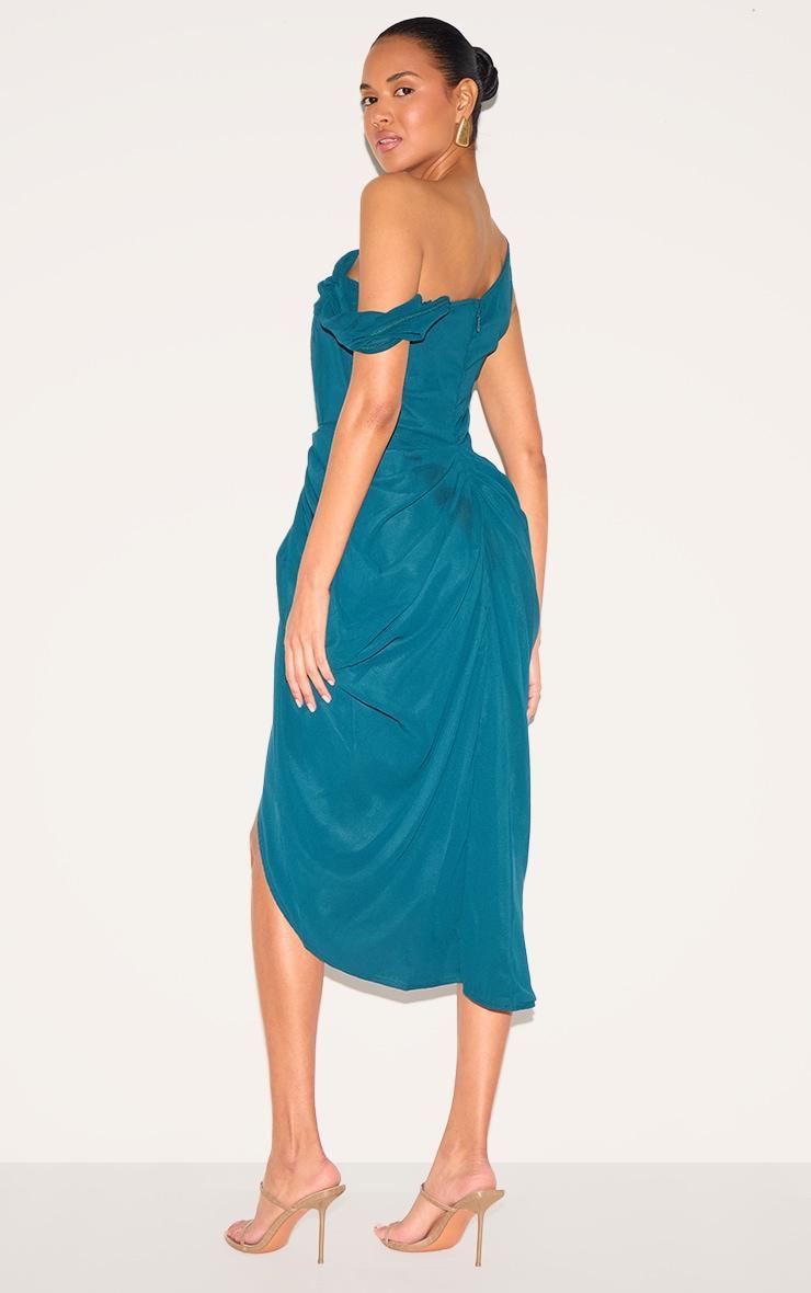 Emerald Green Chiffon Asymmetric Strap Draped Midi Dress Product Image