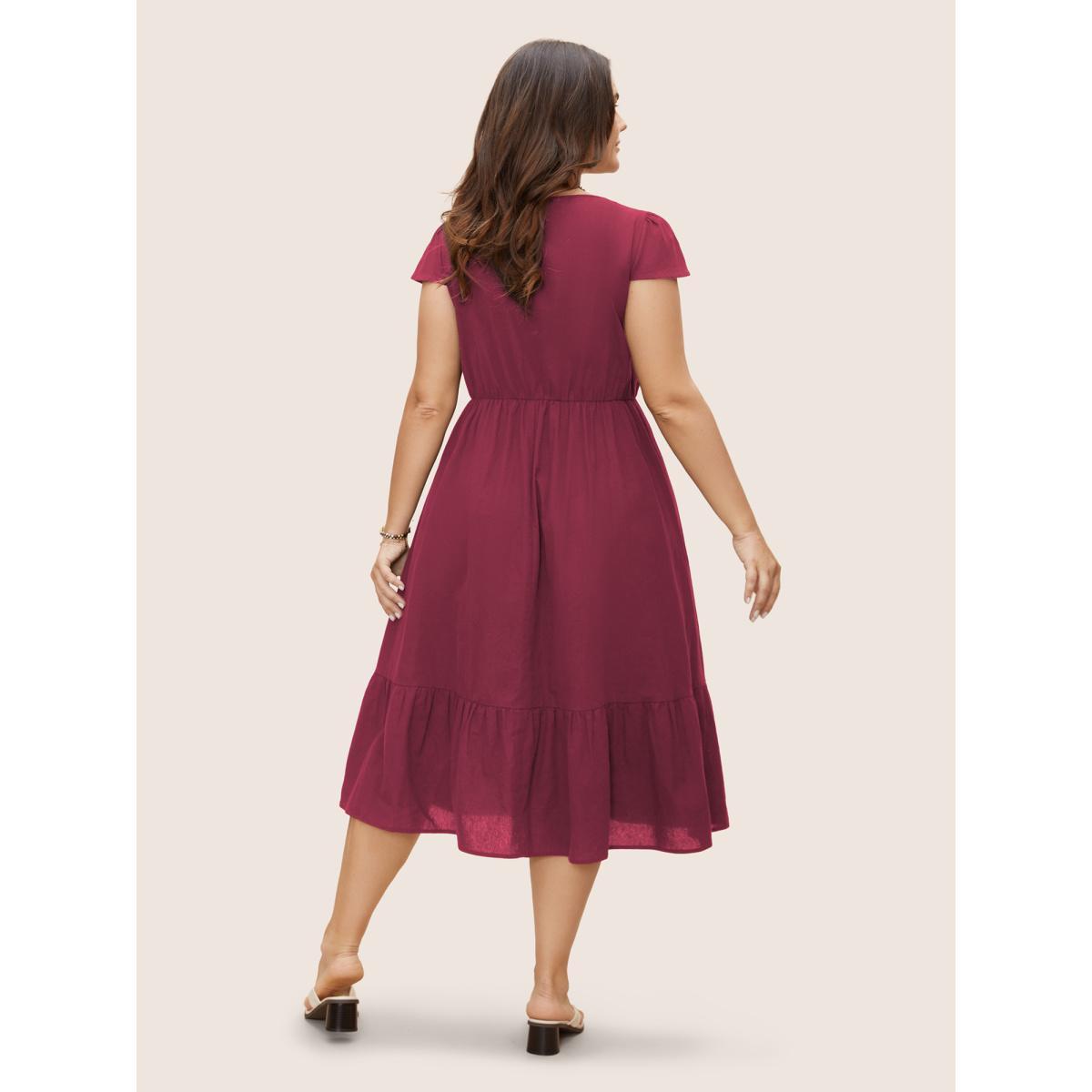 Plus Size Square Neck Bandana Print Cap Sleeve Dress Burgundy Women Resort Ruffles Square Neck Cap Sleeve Curvy BloomChic 28/5X Product Image