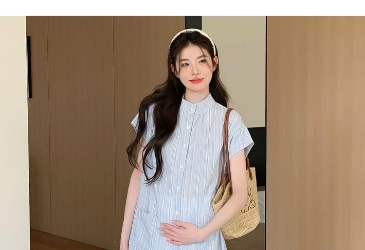 Maternity Short-Sleeve Band Collar Striped Midi A-Line Dress / High Rise Plain Lace Midi A-Line Skirt Product Image
