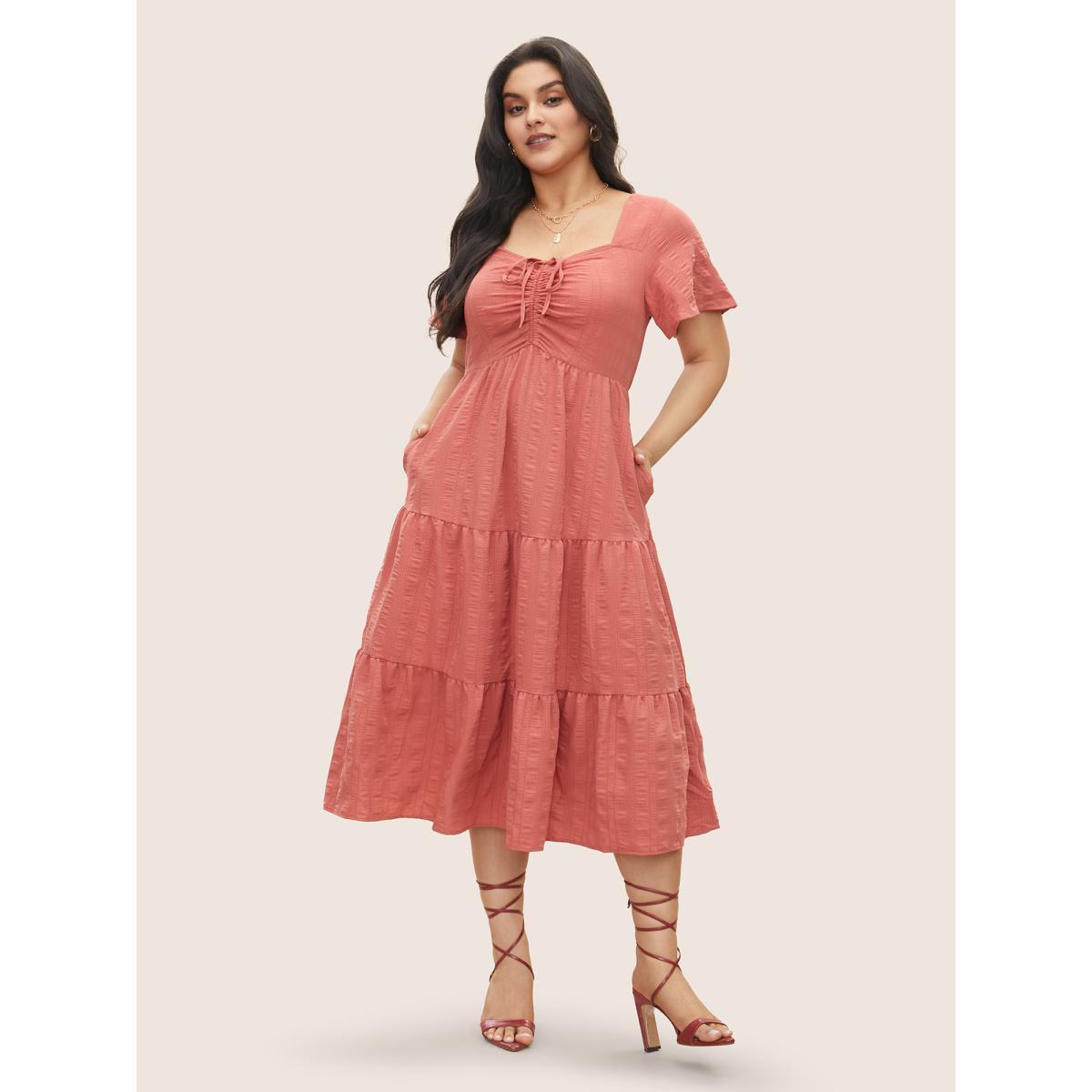 Plus Size Plain Ruched Drawstring Pocket Ruffle Tiered Dress DustyPink Women Elegant Non V-neck Short sleeve Curvy Midi Dress BloomChic 22-24/3X Product Image