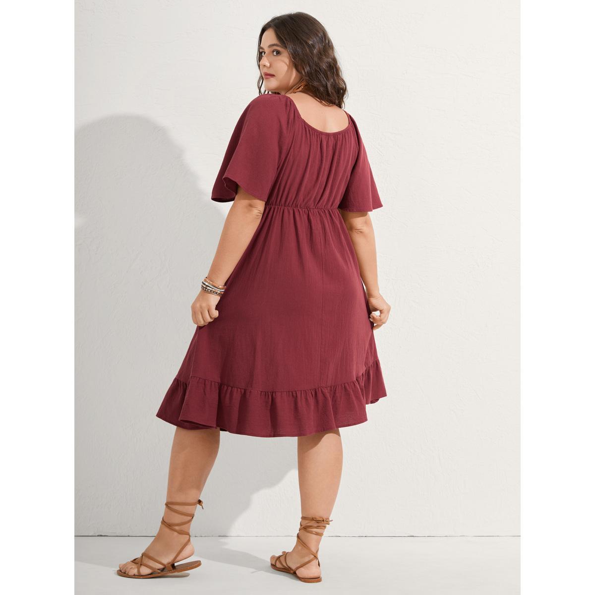 Plus Size Pure Cotton Floral Embroidered Midi Dress Burgundy Women Embroidered Heart neckline Short sleeve Curvy BloomChic 12/L Product Image