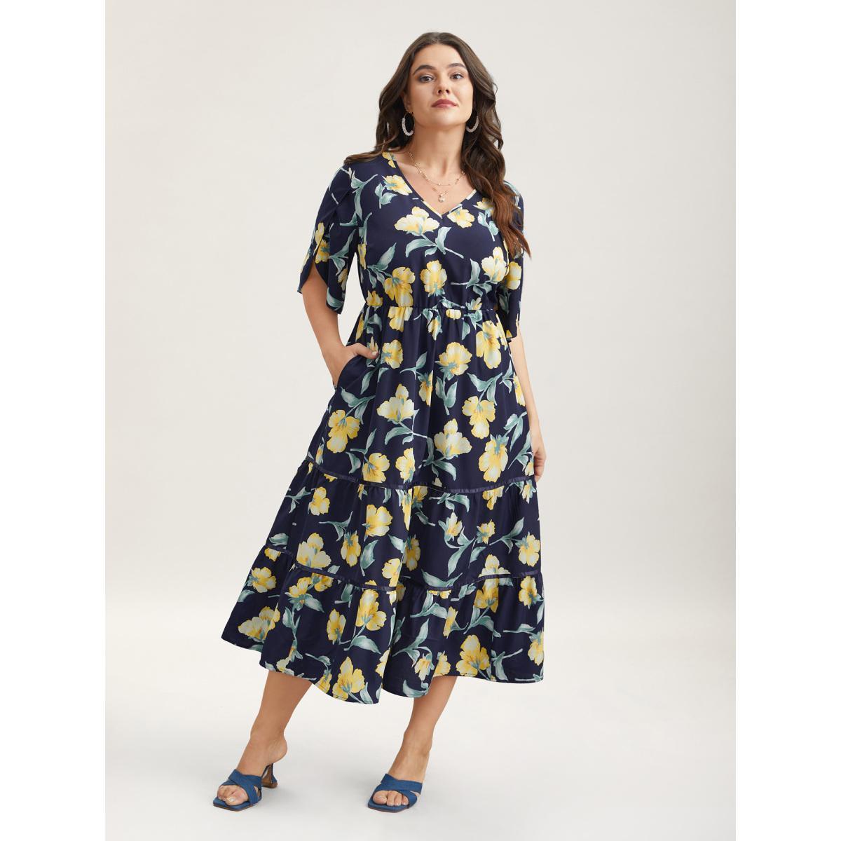 Plus Size Spring Flowers V-Neck Tiered Midi Dress Indigo Women Elegant Overlapping V-neck Half Sleeve Curvy BloomChic 26/4X Product Image