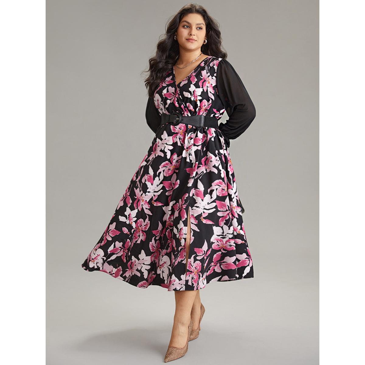 Plus Size Floral Contrast Wrap Chiffon Split Side Dress Black Women Office Wrap Overlap Collar Long Sleeve Curvy Midi Dress BloomChic 22-24/3X Product Image