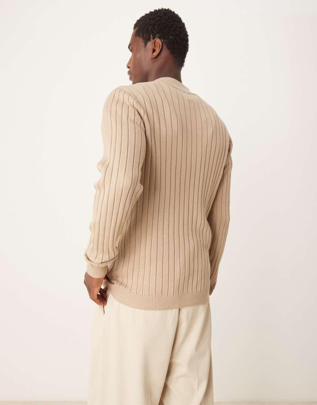 ASOS DESIGN essential muscle fit knitted rib quarter zip sweater in taupe Product Image