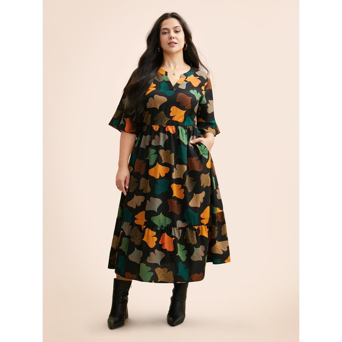 Plus Size Floral Print Notched Ruffle Sleeve Dress BlackFlower Women Elegant Ruffles Flat collar Half Sleeve Curvy BloomChic 14-16/1X Product Image