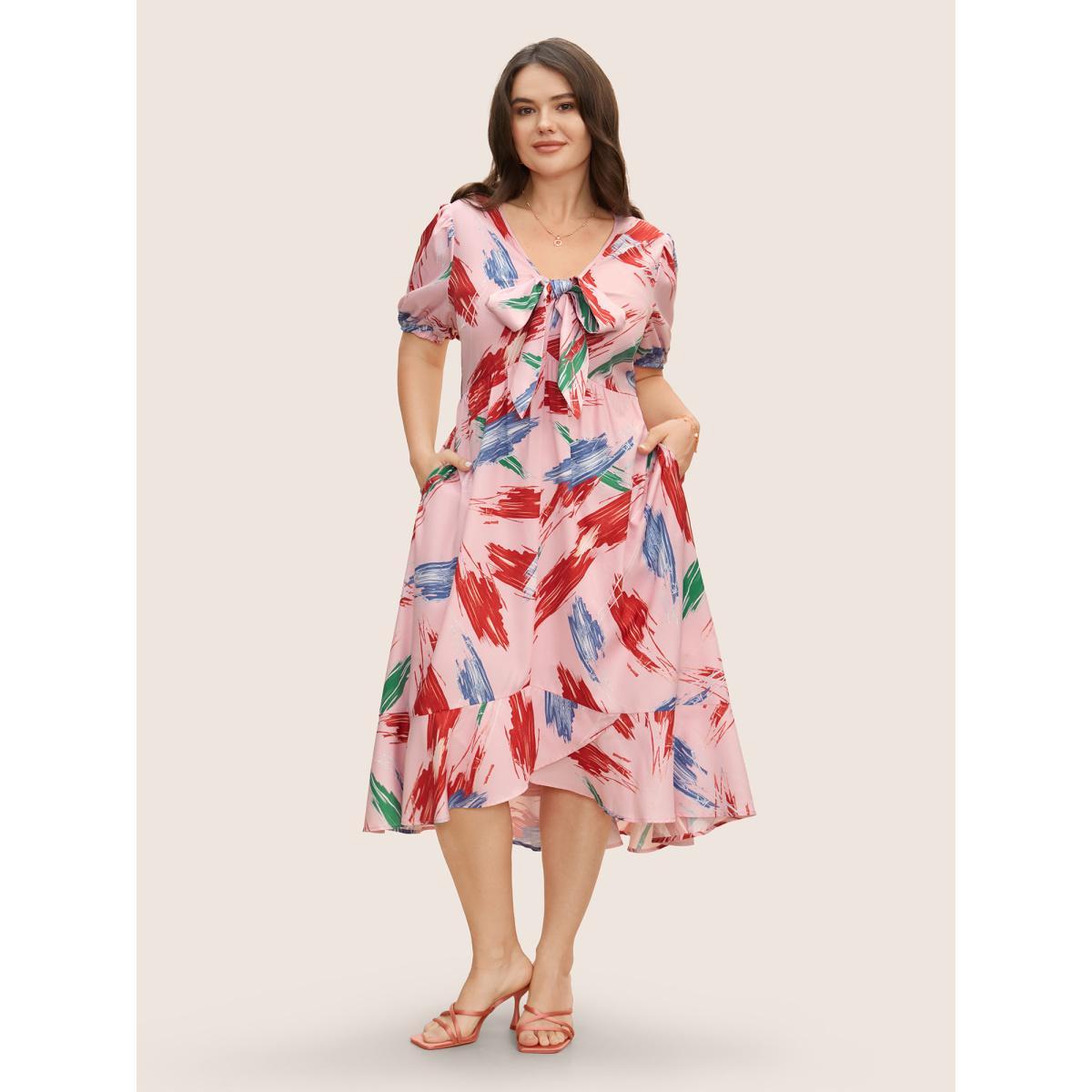 Plus Size Chiffon Floral Tiered Ruffles Split Hem Dress Nudepink Women Elegant Tie knot V-neck Half Sleeve Curvy BloomChic 30/6X Product Image