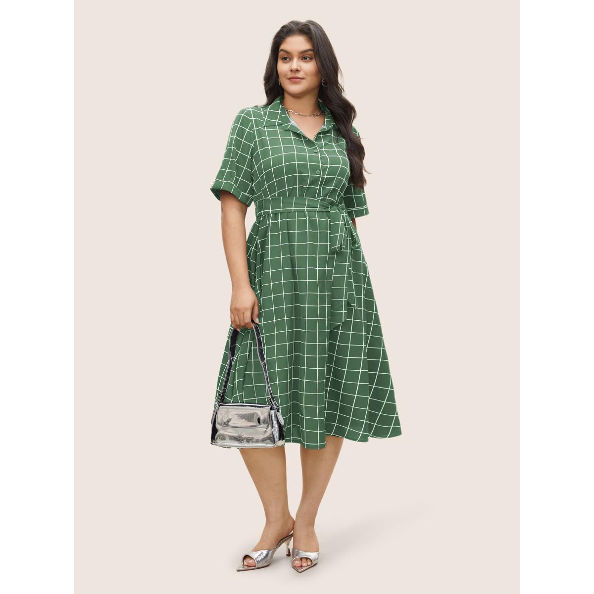 Plus Size Plaid Belted Shirt Collar Cuffed Sleeve Dress Palemauve Women At the Office Non Shirt collar Short sleeve Curvy Midi Dress BloomChic 18-20/2X Product Image