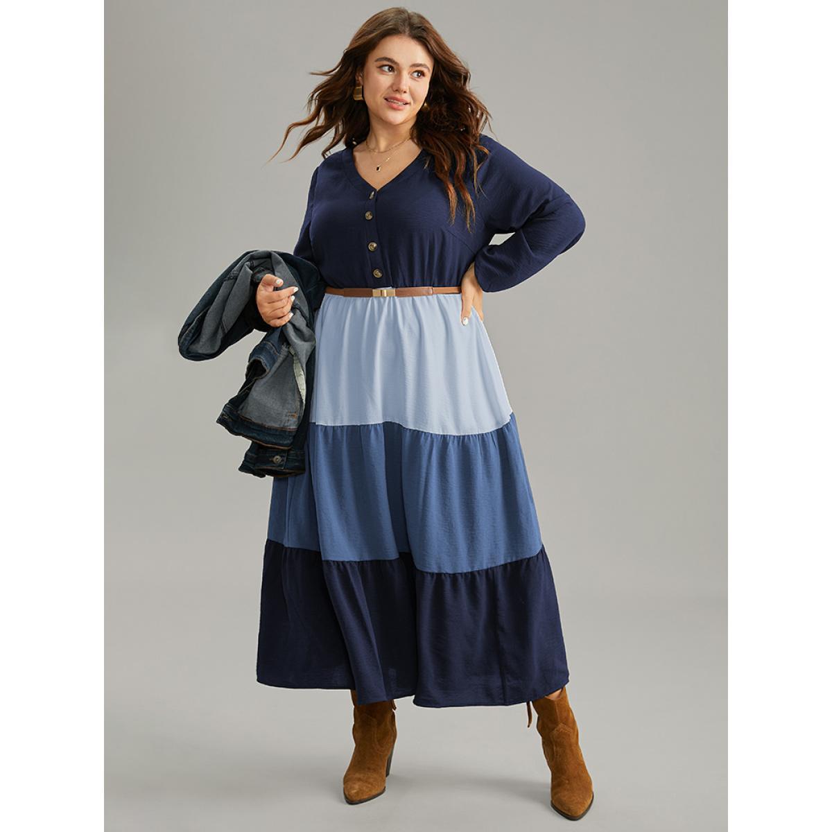 Plus Size Colorblock Patchwork Lantern Sleeve Button Detail Dress Blue Women Elegant Elastic cuffs V-neck Long Sleeve Curvy Midi Dress BloomChic 18-20/2X Product Image
