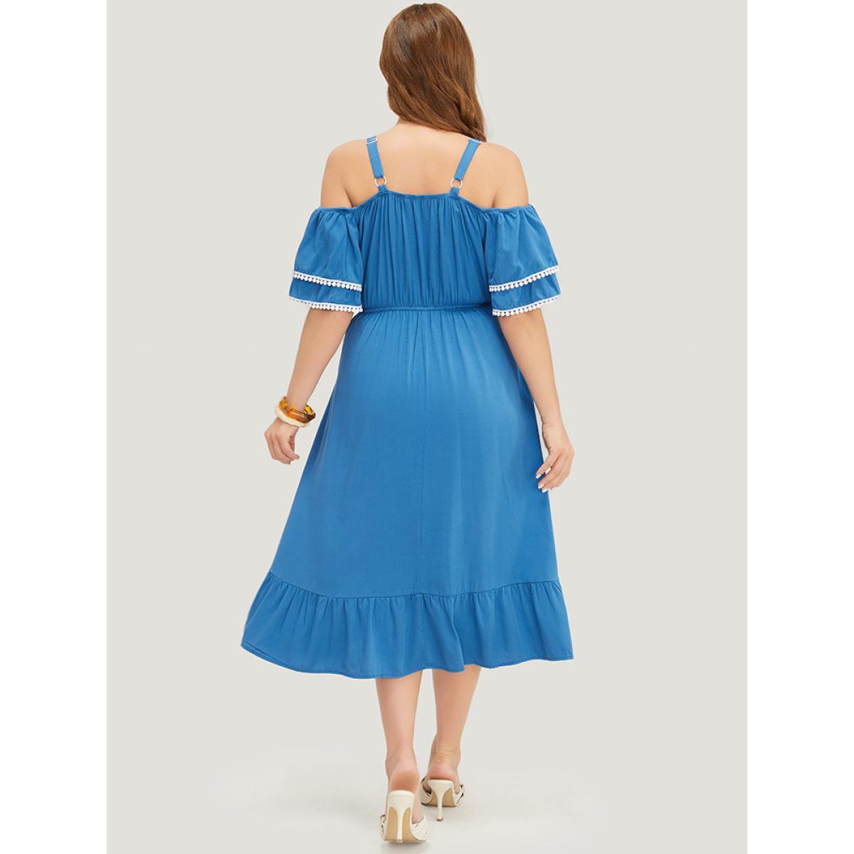Plus Size Solid Tiered Sleeve Pocket Ruffles Cold Shoulder Pompom Trim Dress Cerulean Women Vacation Adjustable Straps Cold Shoulder Short sleeve Curvy Midi Dress BloomChic 26/4X Product Image