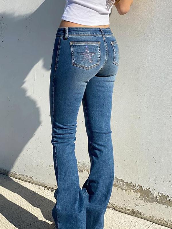 Multi Pocket Rhinestone Elastic Slim Jeans Product Image