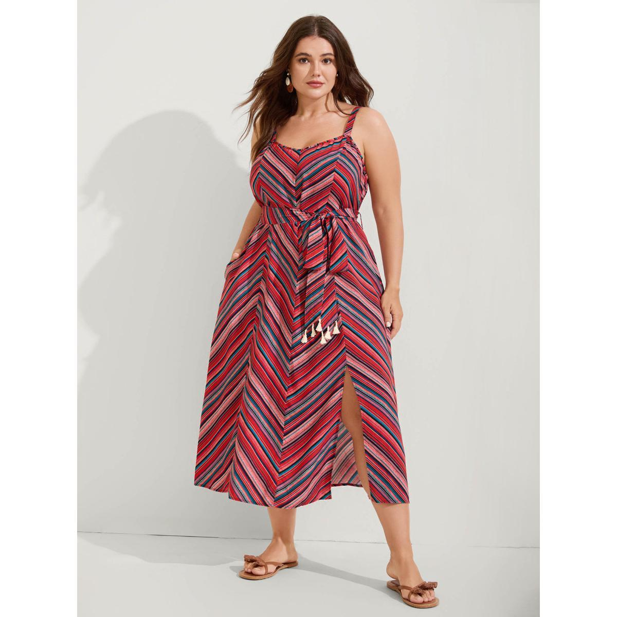 Plus Size Boho Stripe Waist-Tie Cami Midi Dress Rosered Women Heart neckline Sleeveless Curvy BloomChic 10/M Product Image