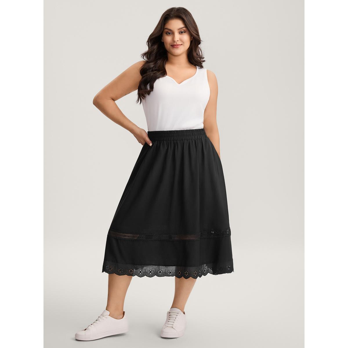Plus Size Shirred Lace Trim Pleated Midi Skirt Women Pureblack Loose No stretch Side seam pocket Work Skirts BloomChic 28/5X Product Image