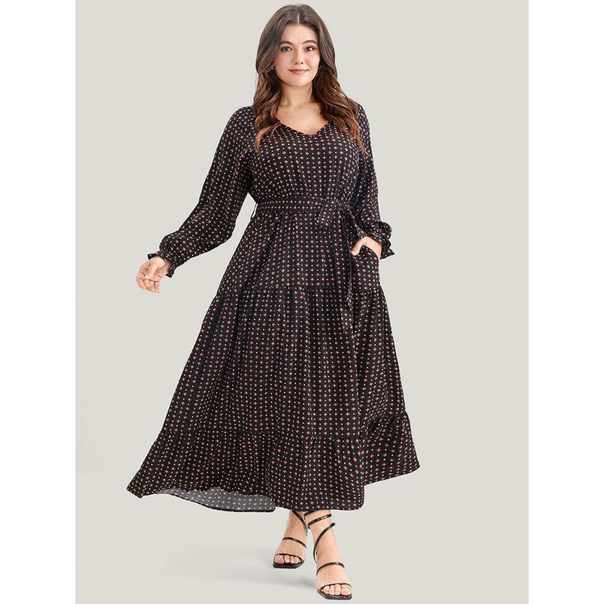 Plus Size Geometric Belted Lantern Sleeve Pocket Ruffle Tiered Dress Black Women Elegant Pocket V-neck Long Sleeve Curvy Midi Dress BloomChic 10/M Product Image