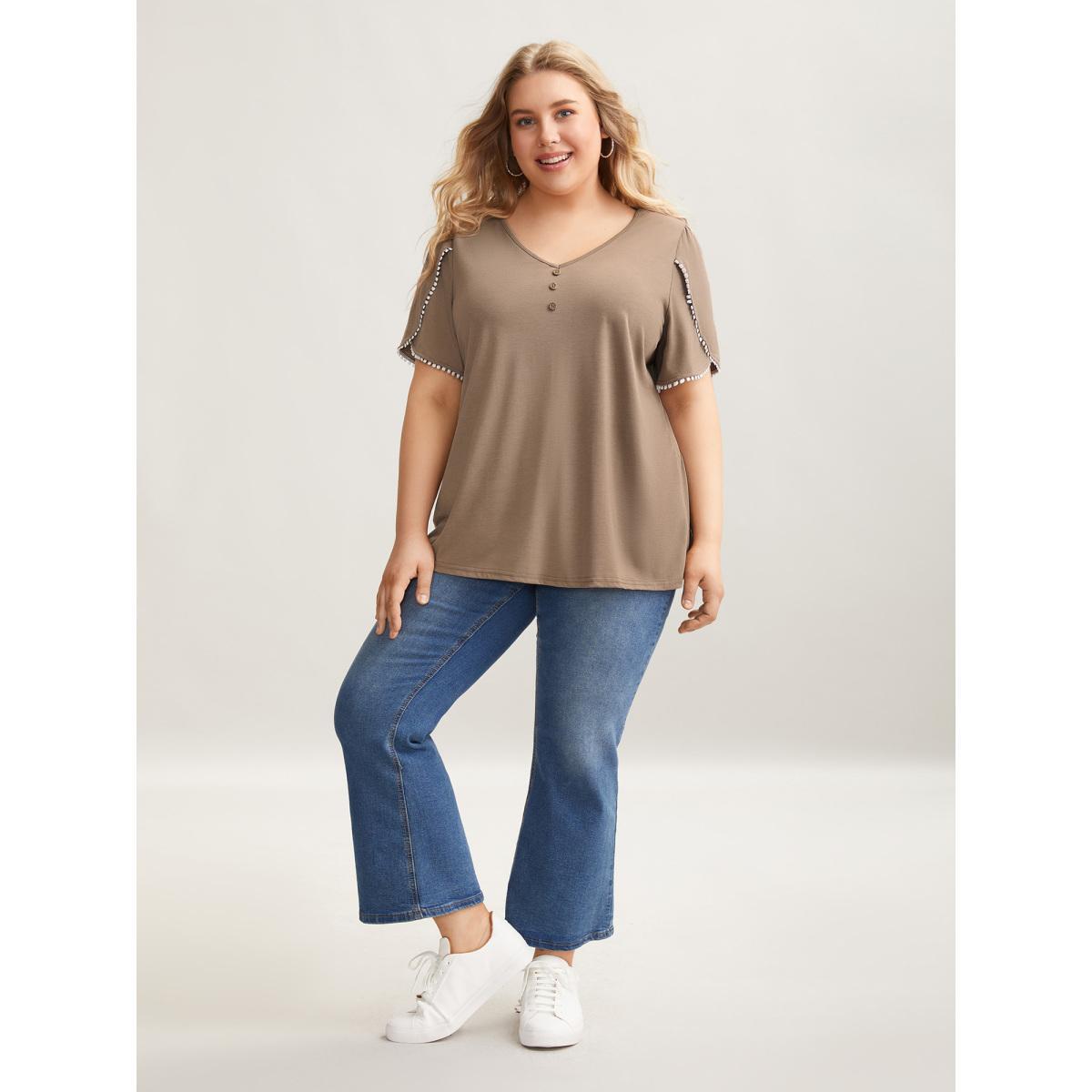 Plus Size Petal Sleeve Lace Button Solid T-Shirt LightBrown Women Casual Petal edge V-neck Everyday T-shirts BloomChic 14-16/1X Product Image