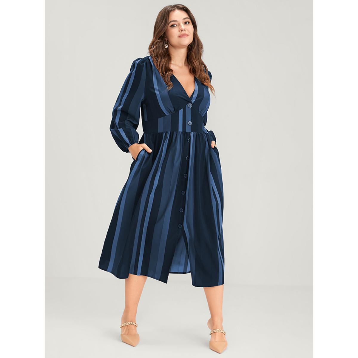 Plus Size Striped Lantern Sleeve Pocket Button Front Midi Dress Navy Women Vacation Printed V-neck Long Sleeve Curvy Midi Dress BloomChic 28/5X Product Image