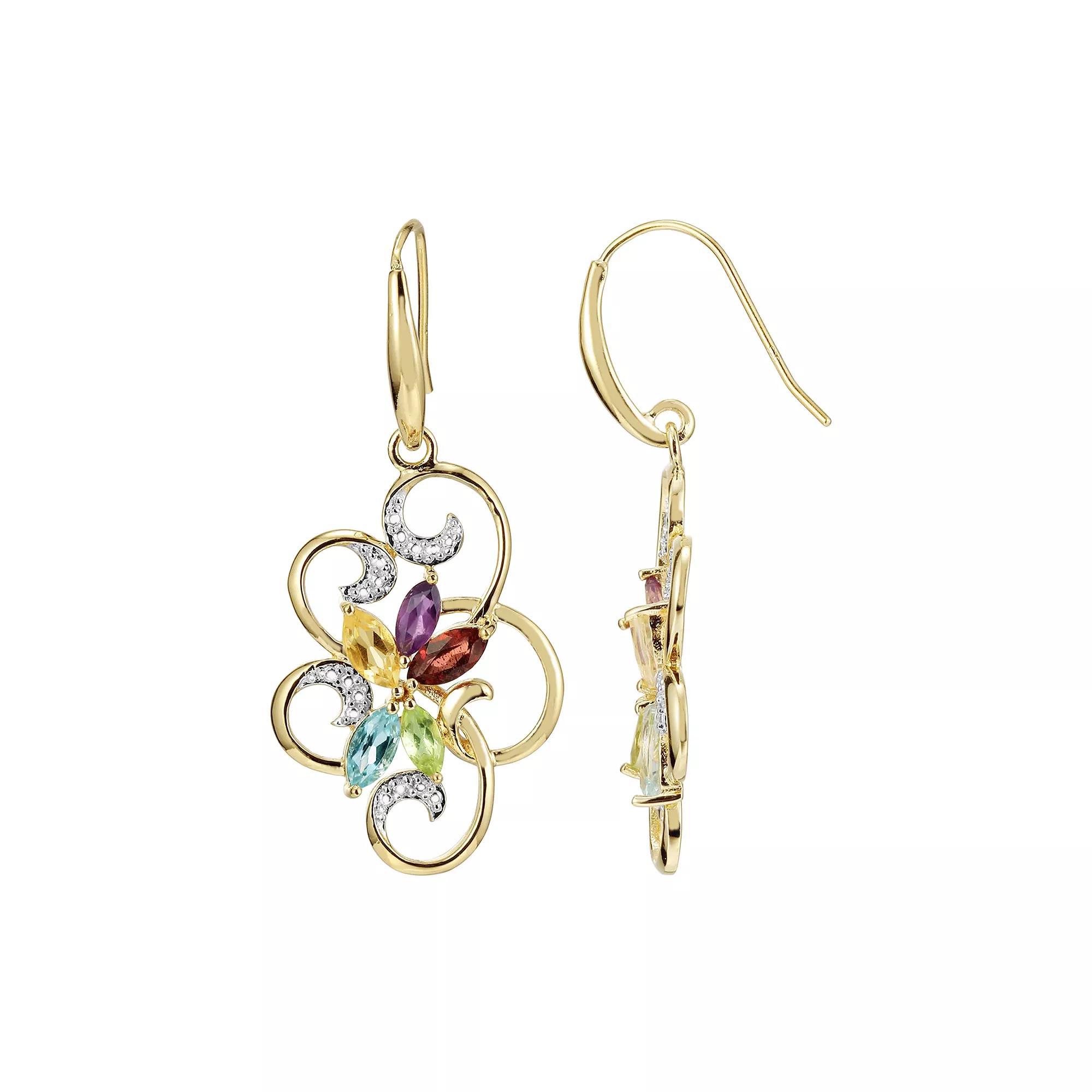 18k Gold Over Silver Gemstone and Diamond Accent Scrollwork Drop Earrings, Women's, Multicolor Product Image
