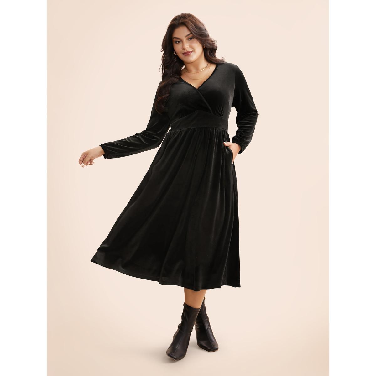 Plus Size Velvet Overlap Collar Shirred Gathered Dress Black Women Elegant Texture Overlap Collar Long Sleeve Curvy BloomChic 26/4X Product Image