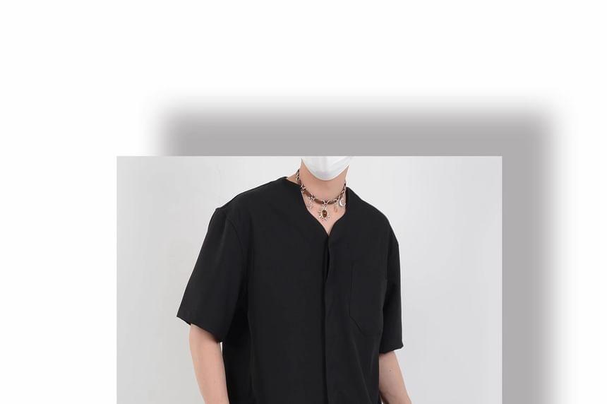 Short-Sleeve V-Neck Plain Button Up Oversized Shirt Product Image