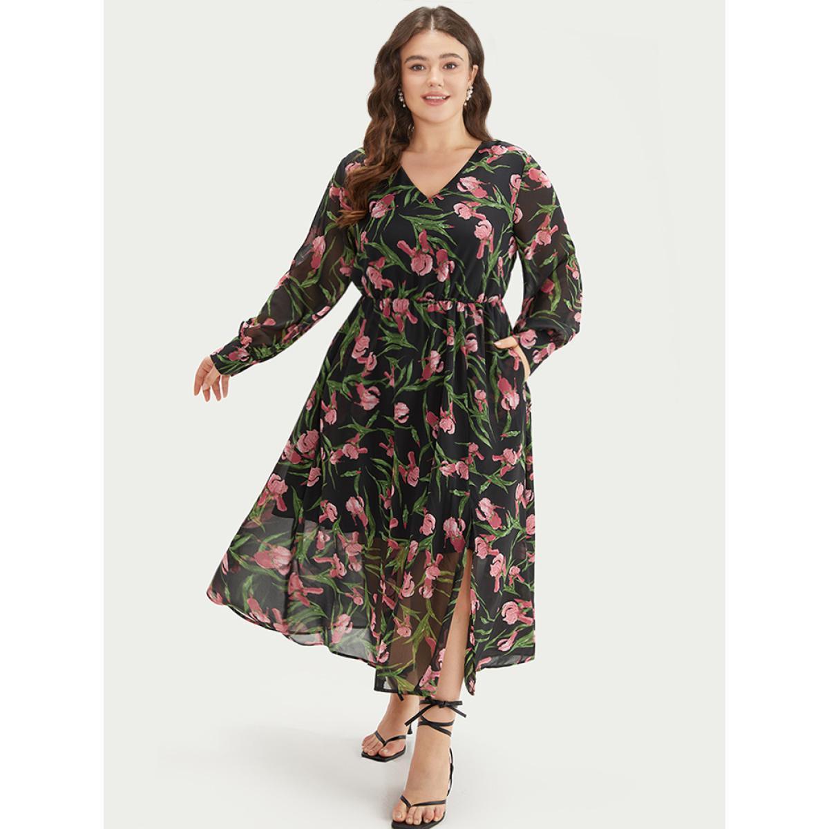 Plus Size Floral Print Chiffon Split Side Elastic Waist Dress Black Women Elegant Printed V-neck Long Sleeve Curvy Midi Dress BloomChic 26/4X Product Image