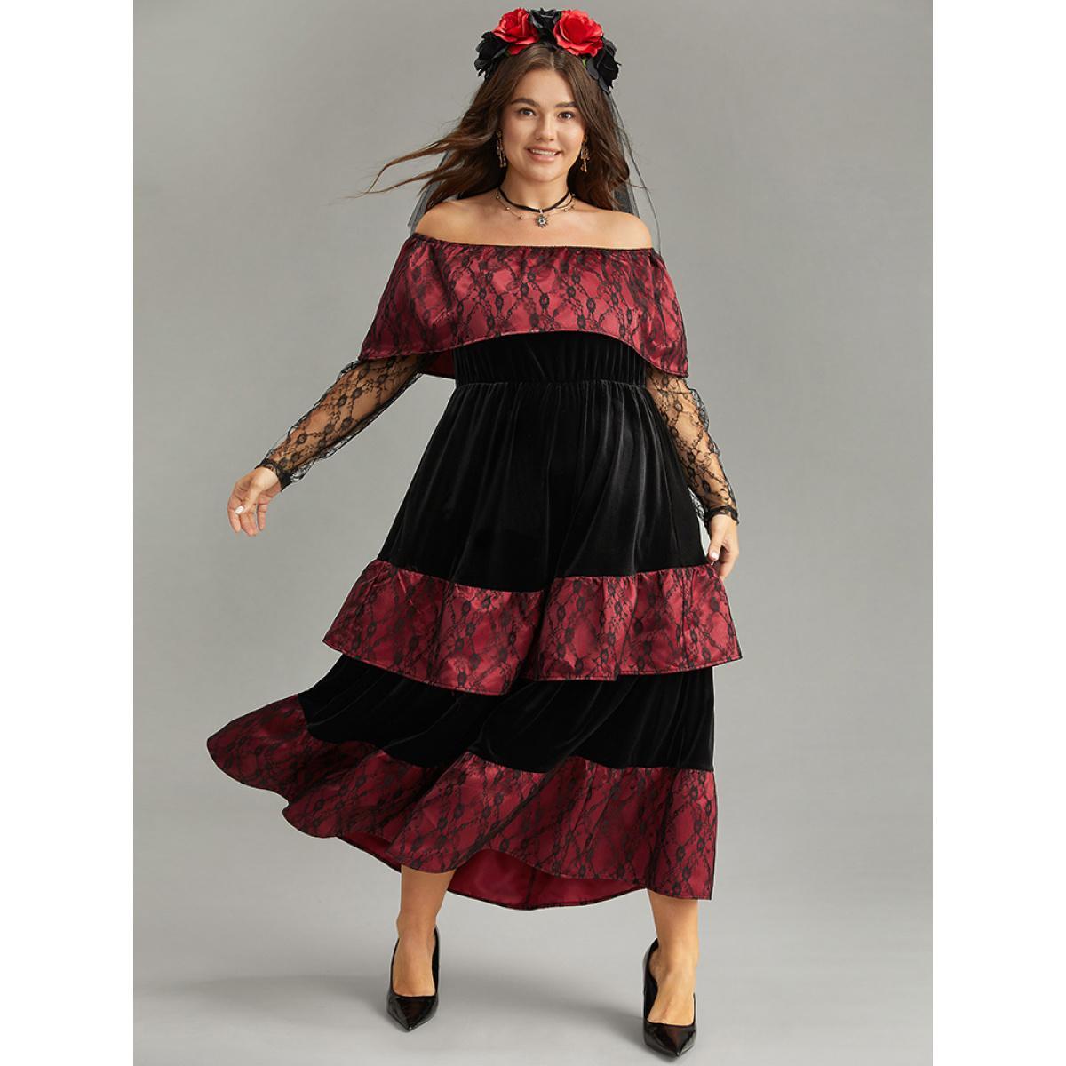 Plus Size Off Shoulder Lace Insert Mesh Layered Dress Black Women Elegant See through One-shoulder neck Long Sleeve Curvy Midi Dress BloomChic 26/4X Product Image