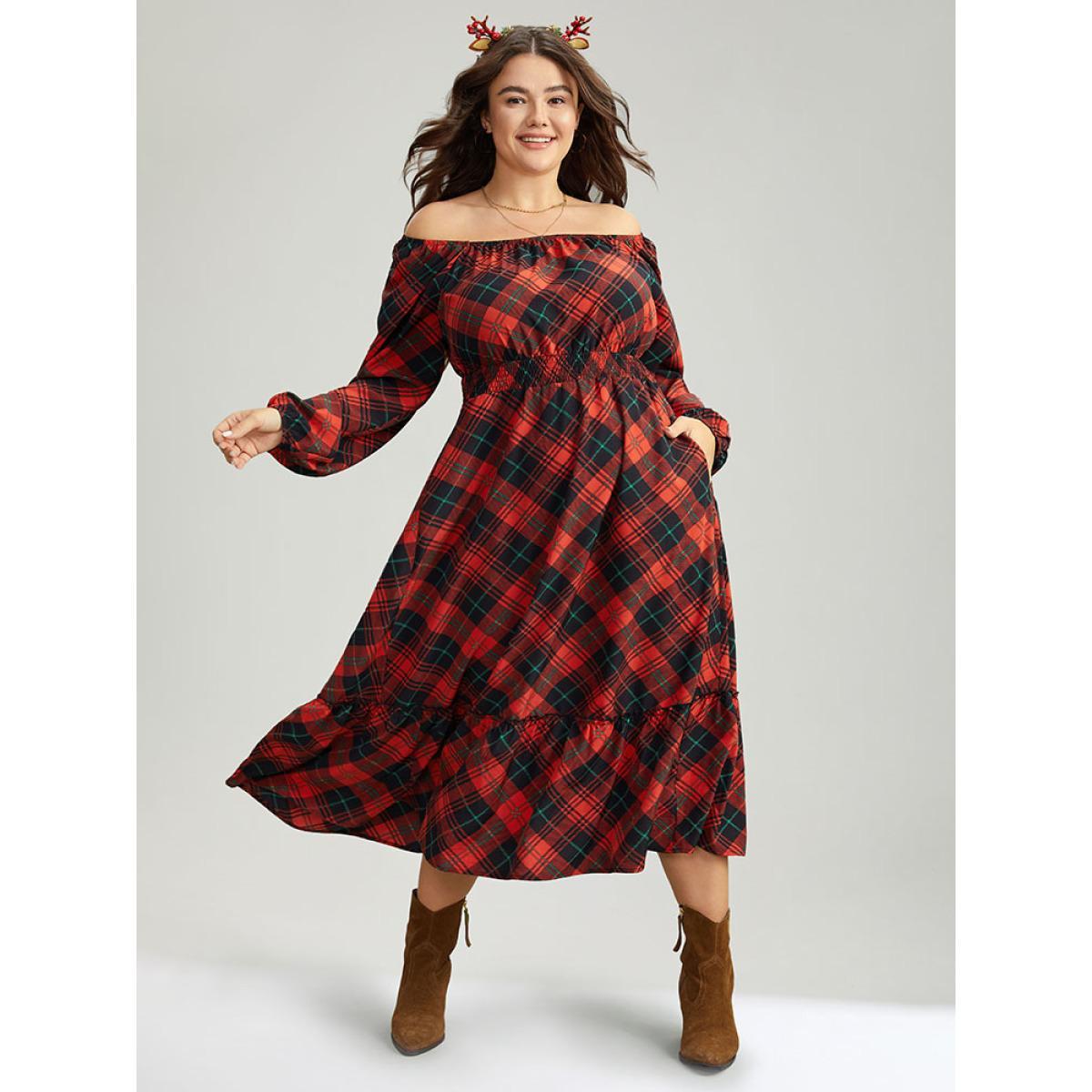 Plus Size Plaid Shirred Frill Trim Pocket Square Neck Dress Scarlet Women Elegant Elastic cuffs Square Neck Long Sleeve Curvy Midi Dress BloomChic 18-20/2X Product Image