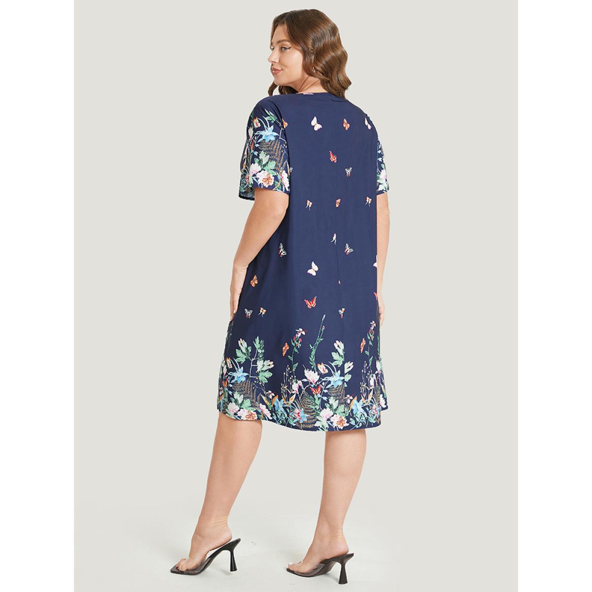 Plus Size Butterfly & Floral Round Neck Print Pocket Knee Dress Indigo Women Vacation Pocket Round Neck Short sleeve Curvy Knee Dress BloomChic 10/M Product Image