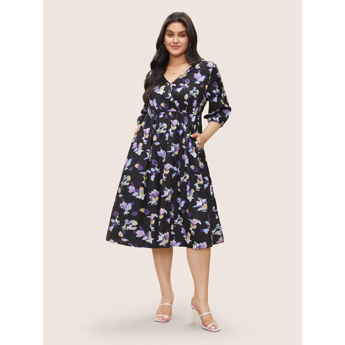 Plus Size Floral Wrap Elastic Waist Lantern Sleeve Cropped Dress Black Women Elegant Non Overlap Collar Elbow-length sleeve Curvy Midi Dress BloomChic 18-20/2X Product Image