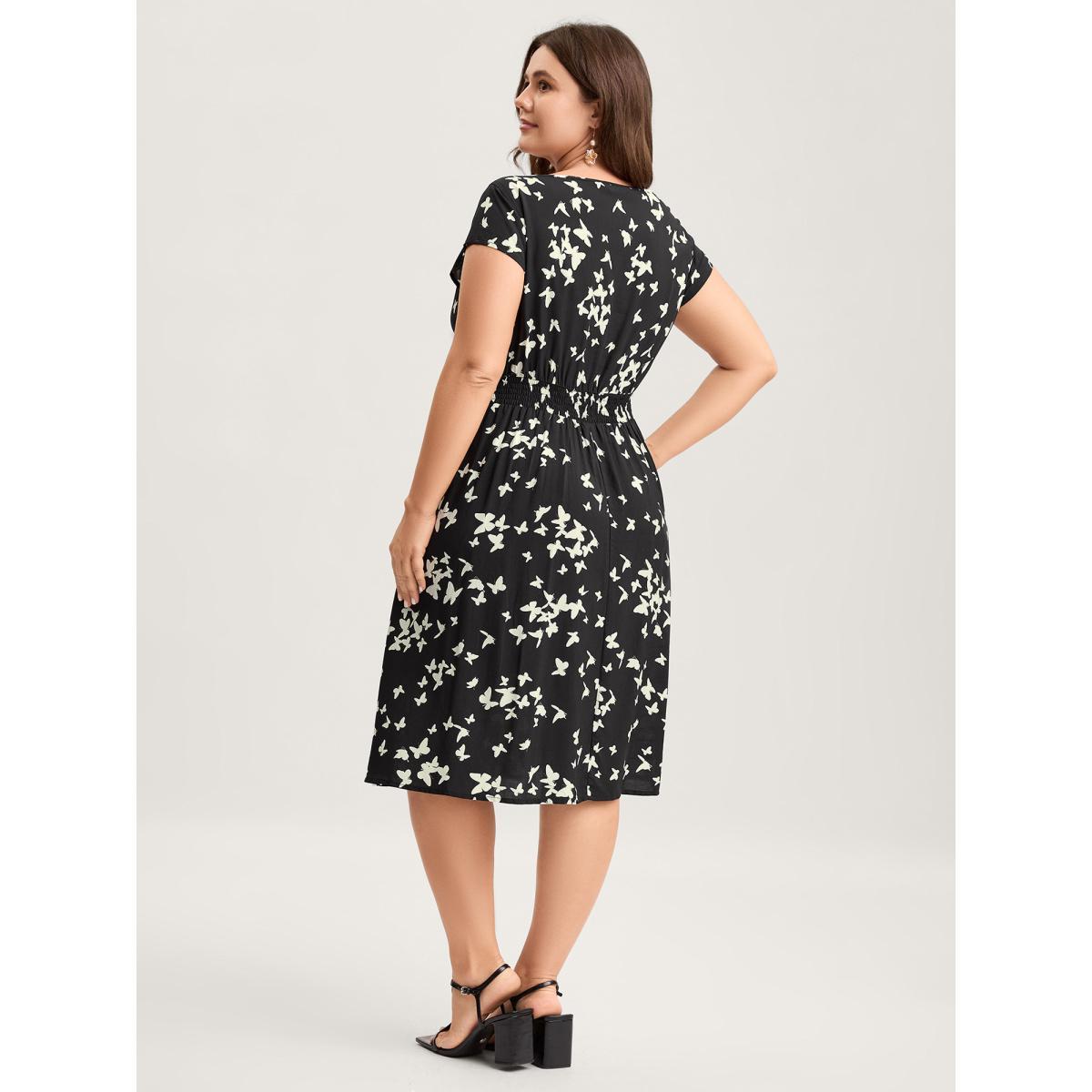 Plus Size Rayon Monochrome Butterfly Stretchy Midi Dress BlackFlower Women Boat Neck Cap Sleeve Curvy BloomChic 12/L Product Image