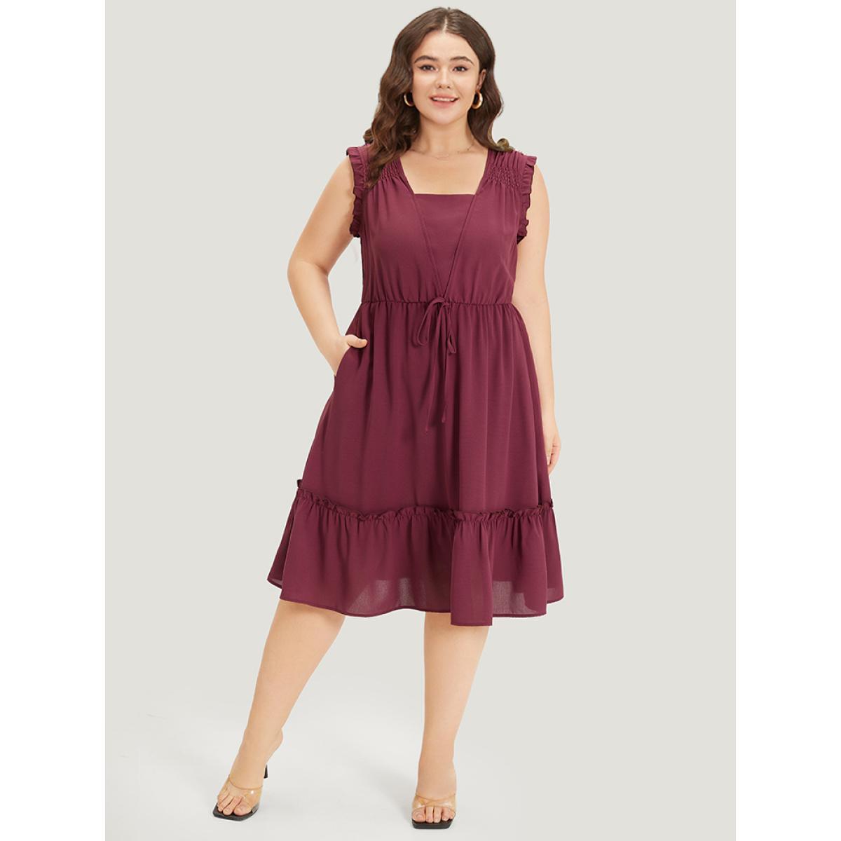 Plus Size Plain Frill Trim Gathered Ties Square Neck Tank Dress Burgundy Women Elegant Plain Square Neck Sleeveless Curvy Midi Dress BloomChic 28/5X Product Image
