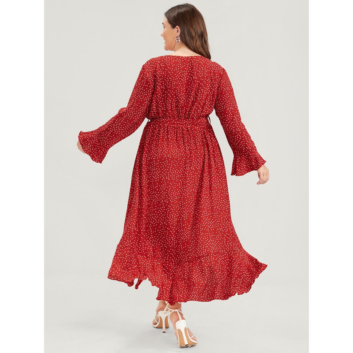 Plus Size Polka Dot Split Wrap Asymmetrical Hem Ruffles Belted Dress Raspberry Women Elegant Belted V-neck Long Sleeve Curvy Long Dress BloomChic 12/L Product Image
