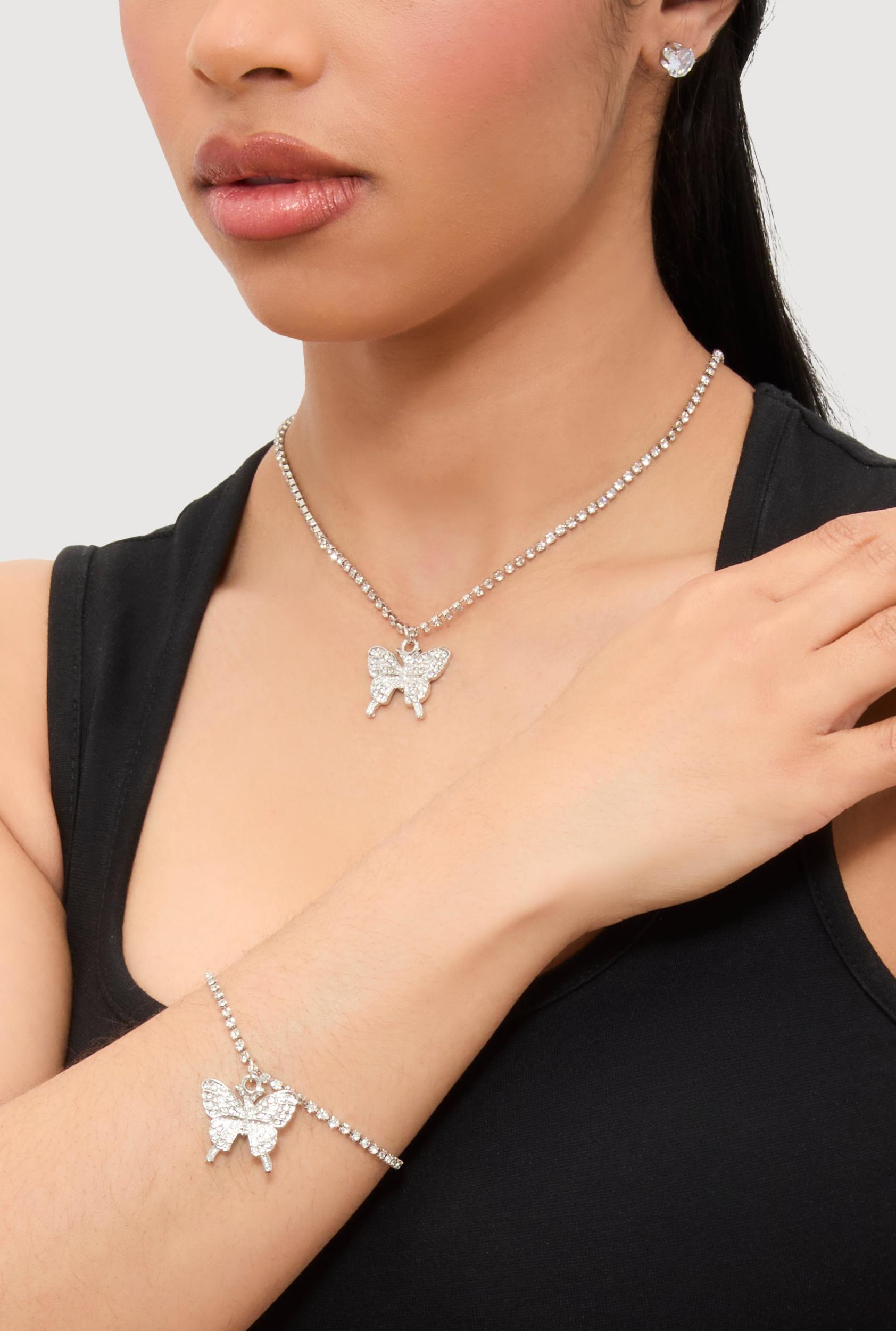 Cubic Zirconia Butterfly Necklace and Bracelet with Stud Earrings Set of 5 Female Product Image