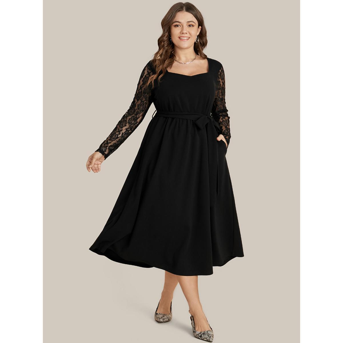 Plus Size Solid Pocket Lace Belted Flutter Dress Black Women Elegant Cut-Out V-neck Long Sleeve Curvy Midi Dress BloomChic 12/L Product Image