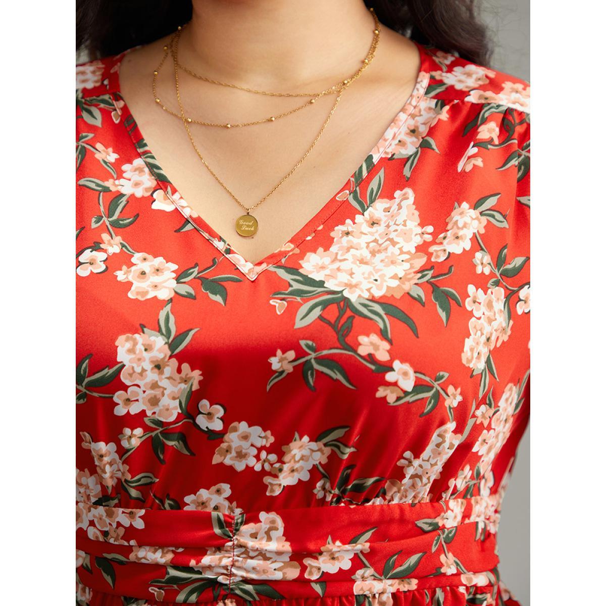 Plus Size Floral Print Ruched Pocket Pleated Dress Red Women Elegant Printed V-neck Long Sleeve Curvy Midi Dress BloomChic 26/4X Product Image