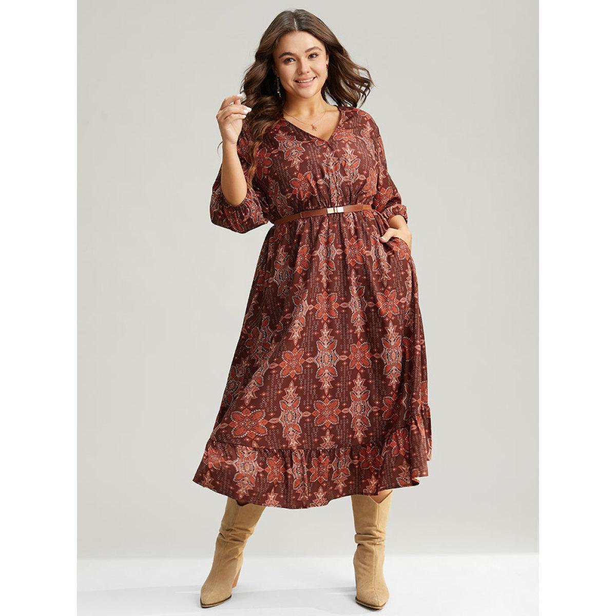 Plus Size Christmas Boho Print Wrap Ruffle Layered Hem Dress Raspberry Women Office Elastic cuffs Overlap Collar Elbow-length sleeve Curvy Midi Dress BloomChic 26/4X Product Image