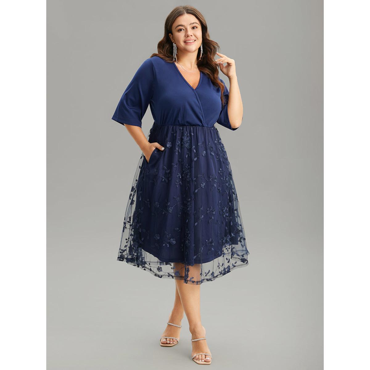Plus Size Crochet Lace Mesh Overlap Collar Elastic Waist Dress DarkBlue Women Glamour Wrap Overlap Collar Half Sleeve Curvy Midi Dress BloomChic 22-24/3X Product Image