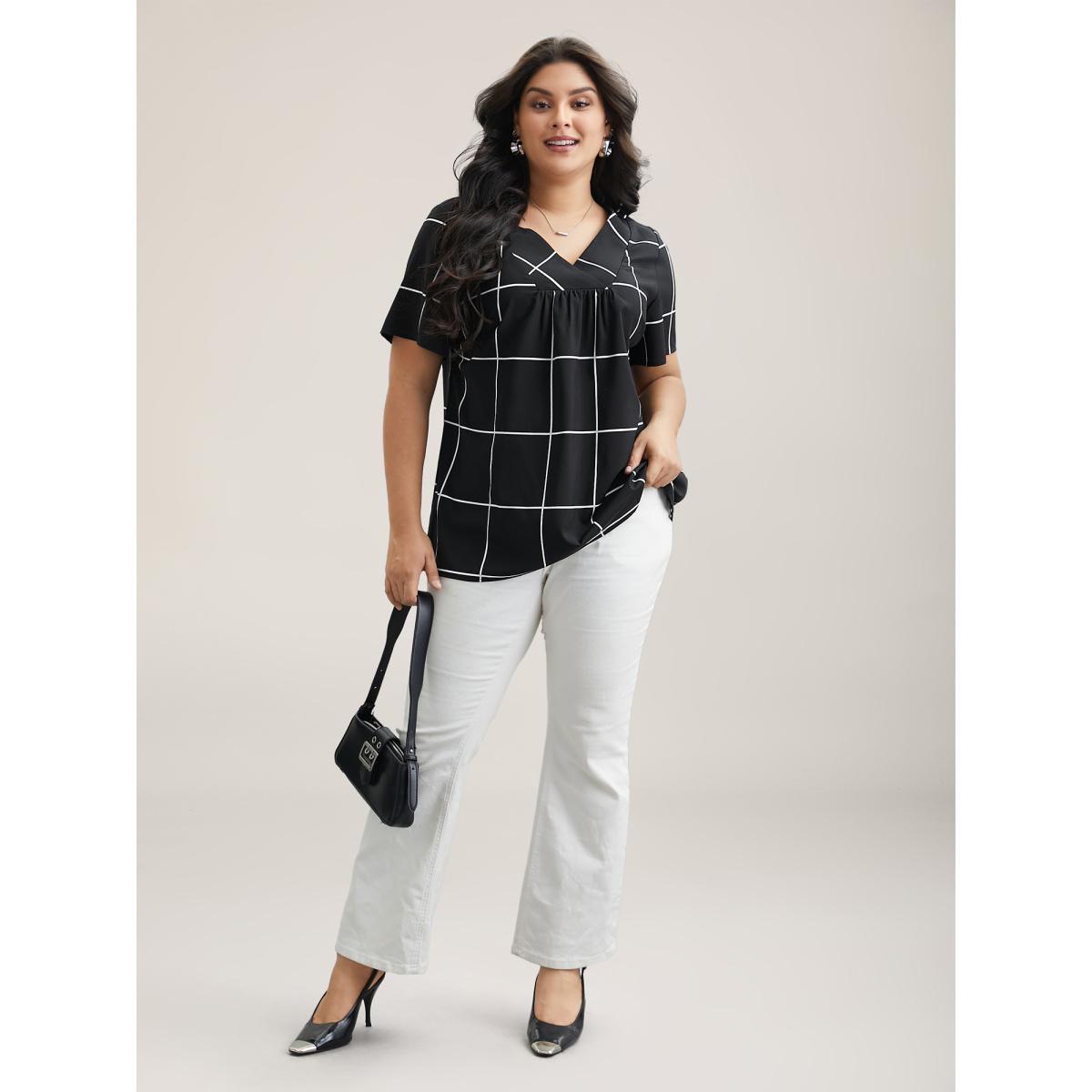 Plus Size Black Plaid Crumpled V-Neck Fitted Shirt Women At the Office Short sleeve Overlap Collar Work Blouses BloomChic 30/6X Product Image